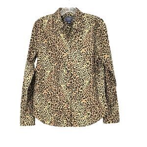 NWT Chaps Leopard Button Up Long Sleeve Blouse Medium Animal Print Classic